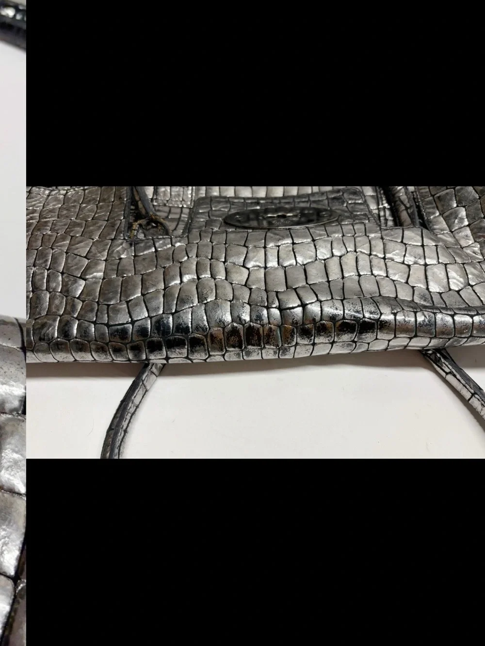 Mulberry Metallic Croc-Embossed Satchel in Silver-Brown